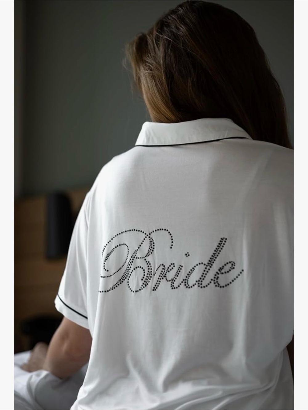 Bride White Short Pajama Set with Rhinestone Script - Picture 4 of 15